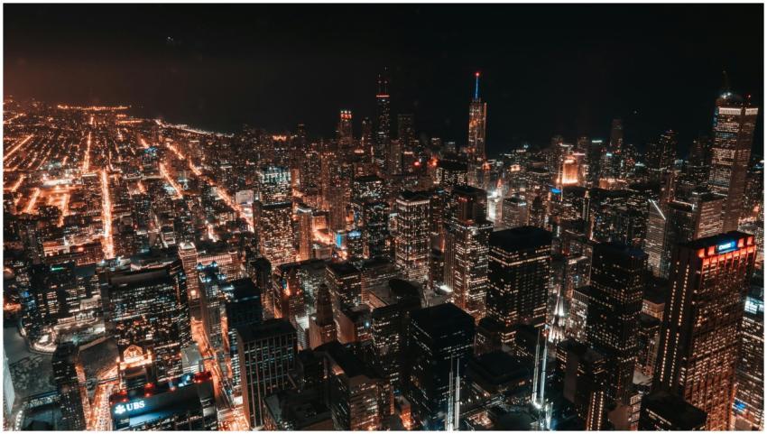 Aerial night view of Chicago's illuminated skyline