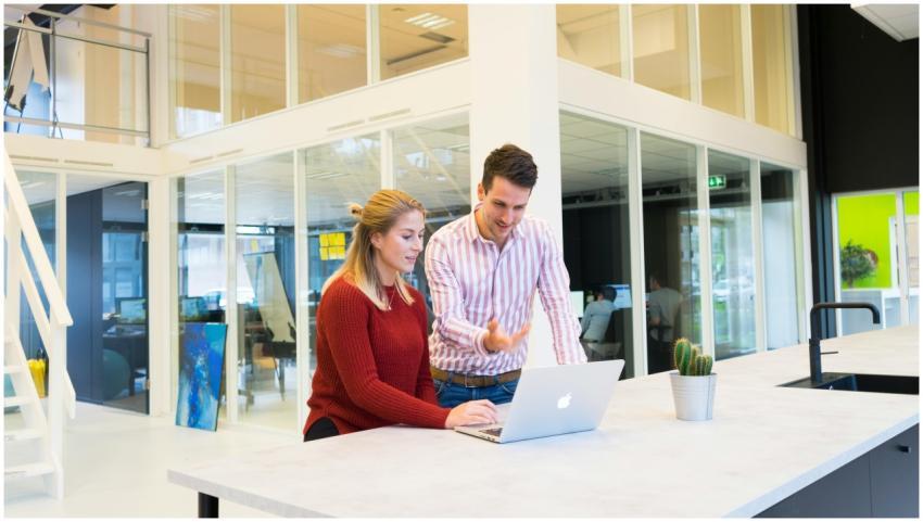 Two colleagues collaborating at a modern office wi