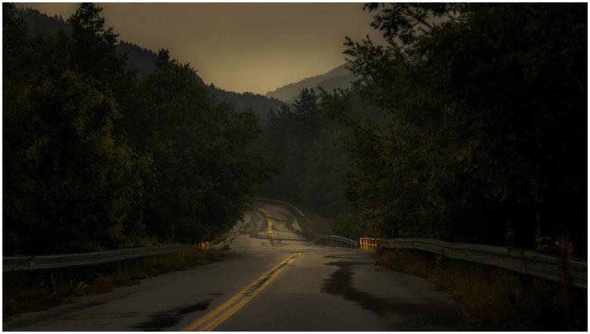 A misty mountain road at dawn in Greece, surrounde
