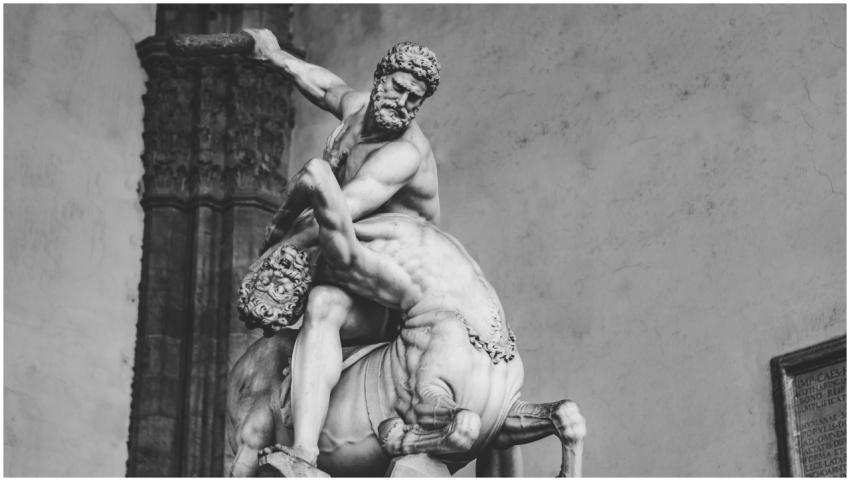 Black and white photo of a detailed marble sculptu