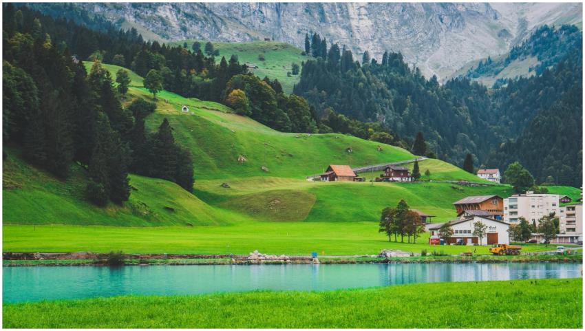 A serene view of lush green hills, a clear blue la