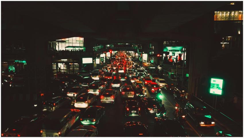 Dynamic night scene of heavy traffic on a city roa
