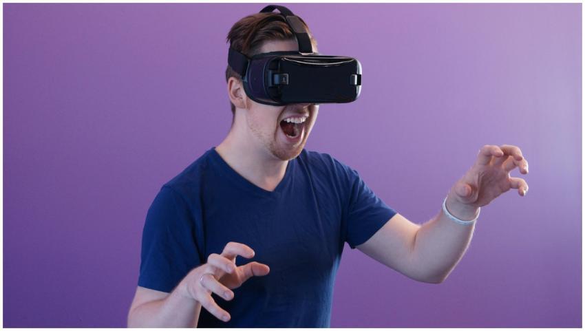 Young man expresses excitement while using a virtu