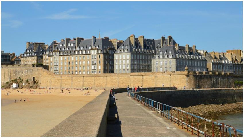 Historic Saint-Malo beach and walls under blue ski