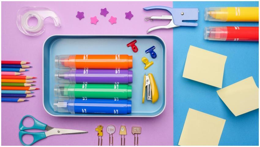 A vibrant collection of school and office supplies