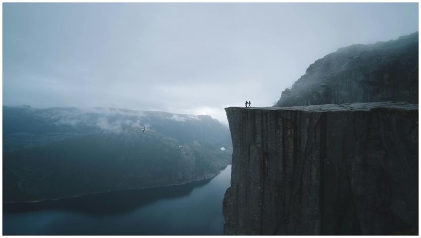 Dramatic view of Preikestolen cliff in Norway with