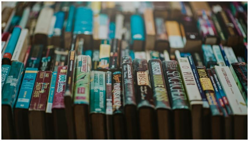 Close-up of various books on a shelf showcasing an