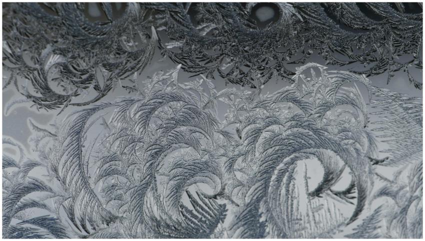 Close-up of detailed frosty patterns on a window,
