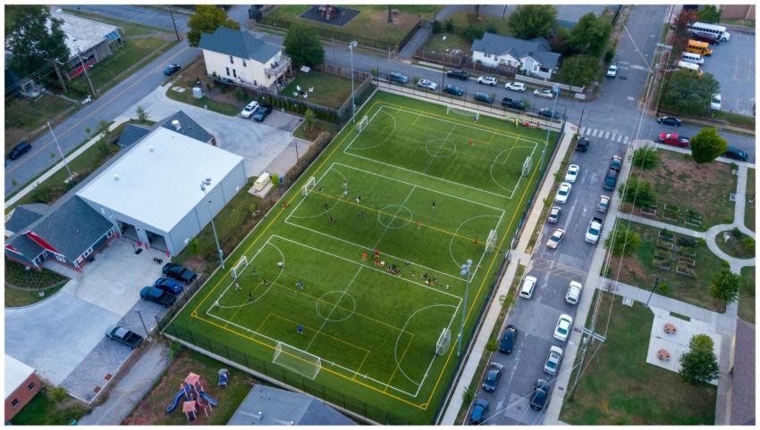 Aerial shot of a vibrant soccer field in Chattanoo