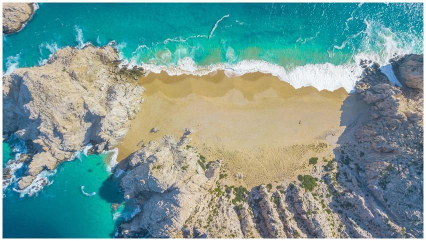 A stunning aerial view of Divorce Beach in Cabo Sa