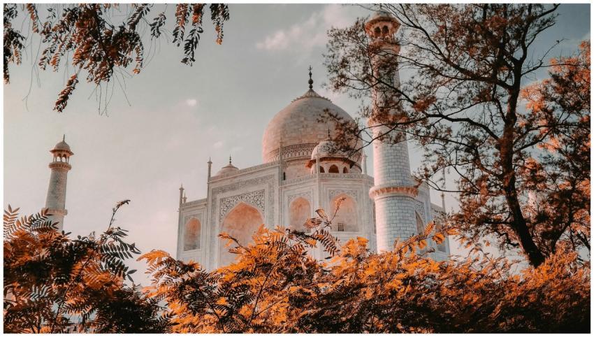 Beautiful view of Taj Mahal with autumn foliage, s