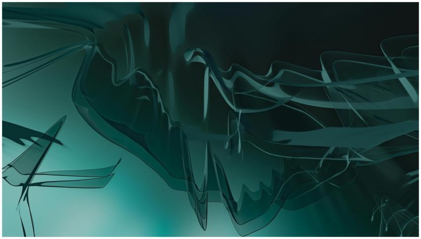Dynamic abstract waves in teal and black create a