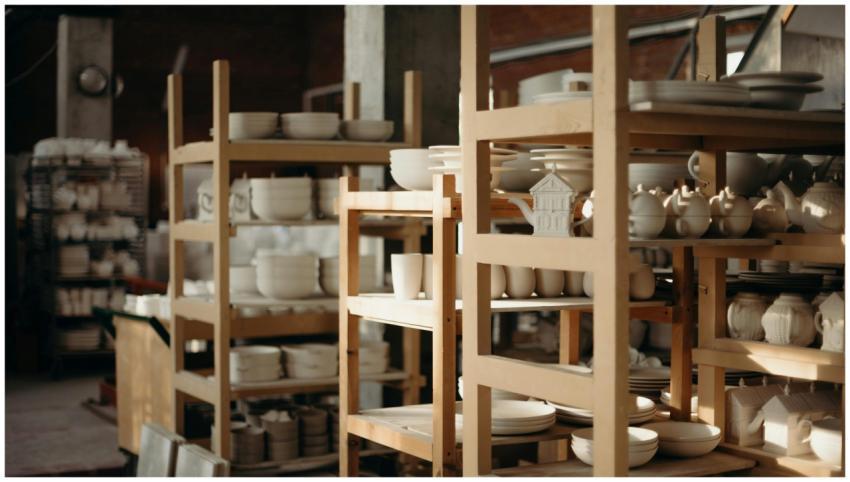 Explore a rustic pottery workshop with handmade ce