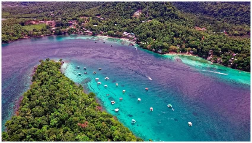 A scenic aerial view of Sukakarya's vibrant coastl