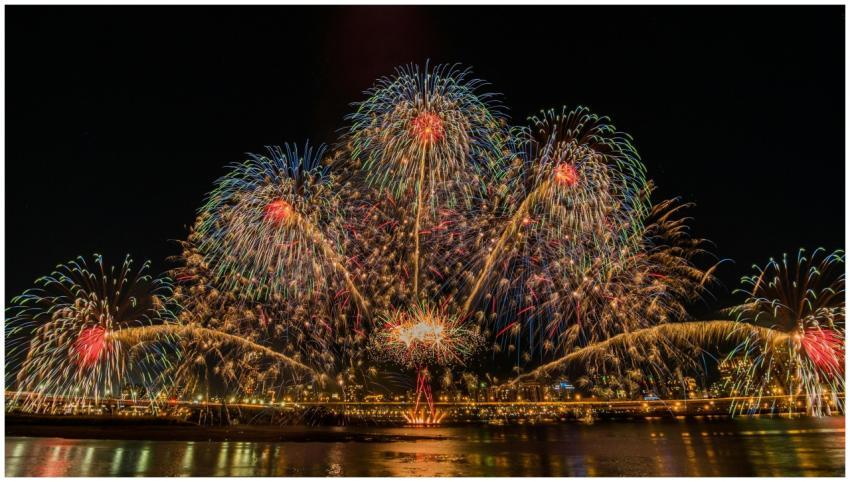 Vibrant fireworks lighting up the night sky in a s