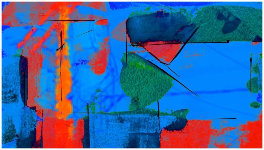 Dynamic abstract artwork with vibrant blues, reds,