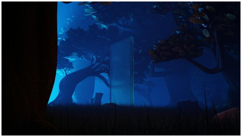 A mysterious glass monolith stands in a mystical f
