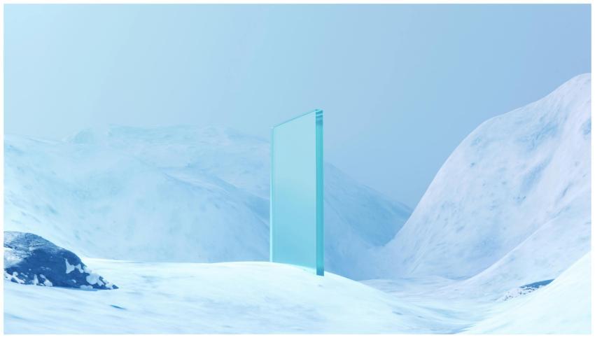 A mysterious glass panel stands amidst snow-covere