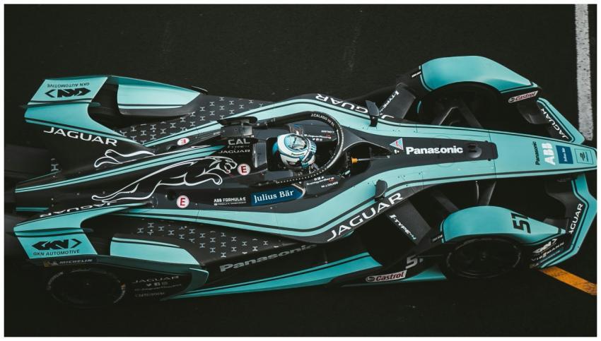 Overhead view of a Jaguar Formula E racing car in