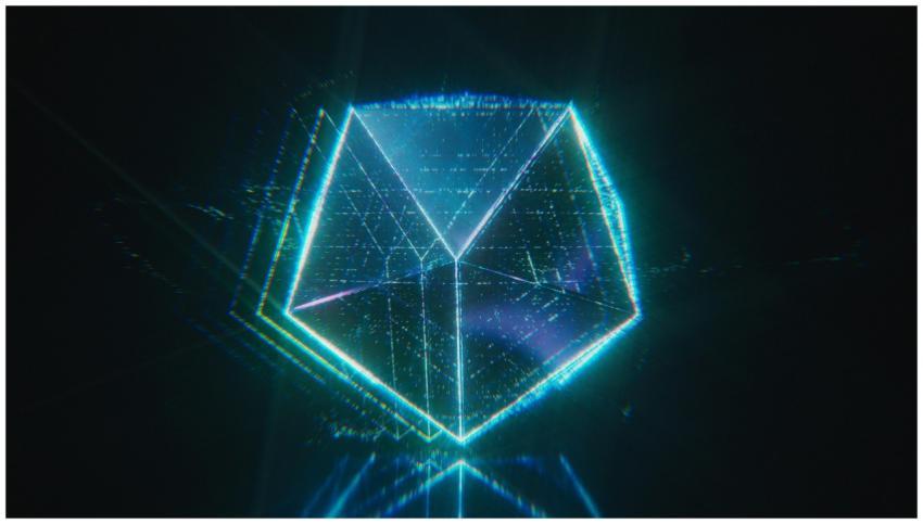 A neon digital polygon glowing in dark space, rese