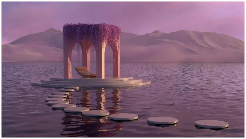 A surreal pavilion with a pastel palette floats on