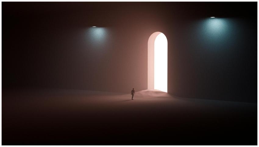A surreal scene with a silhouetted man approaching