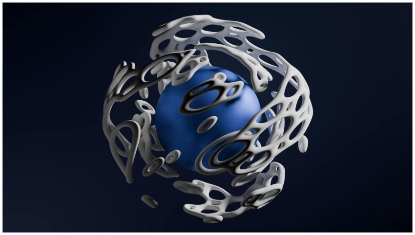 3D illustration of a blue sphere enclosed in a dyn