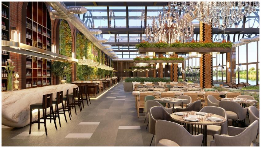 Elegant restaurant interior featuring chandeliers,