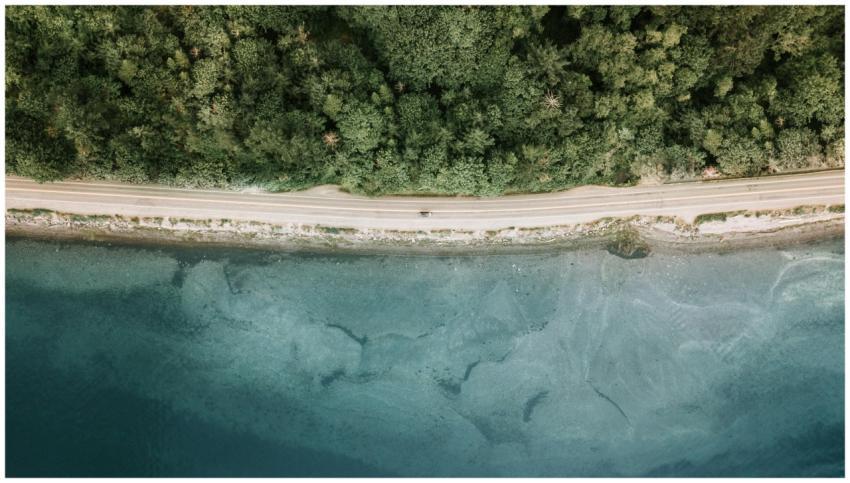 Drone shot of a scenic empty coastal road beside a