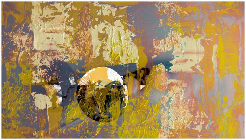 A dynamic abstract acrylic painting with bold text