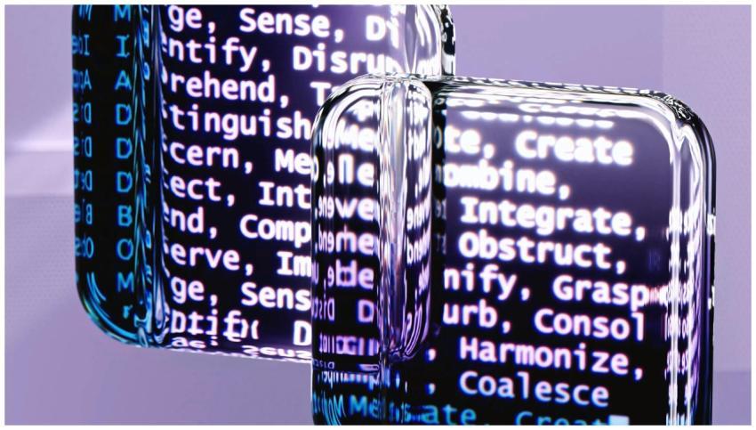 Abstract glass surfaces reflecting digital text cr