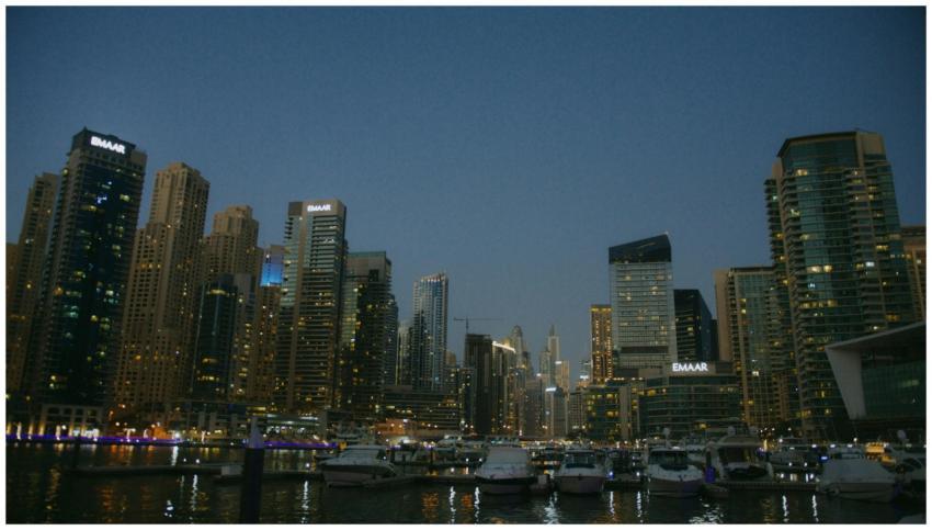 Stunning view of Dubai Marina's illuminated skyscr