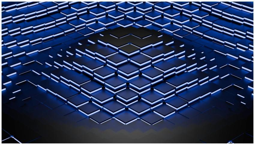 Intricate blue geometric 3D pattern with lighting