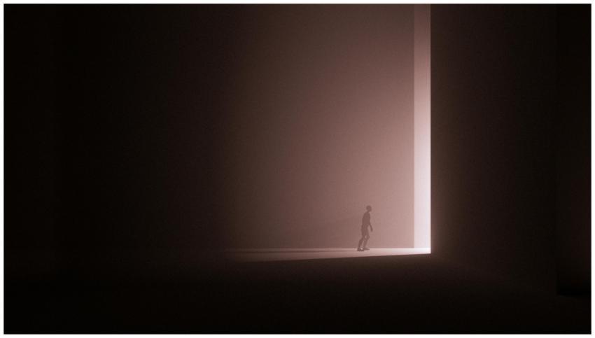A silhouette walks through a bright doorway, creat