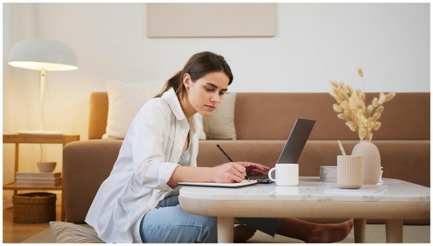 Side view full length young focused female in casu