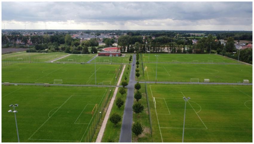 Drone shot of soccer fields and stadium in Arendon