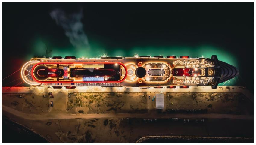 Stunning aerial night view of a luxury cruise ship