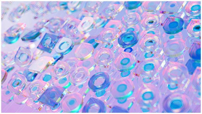 Vibrant abstract 3D render featuring transparent g