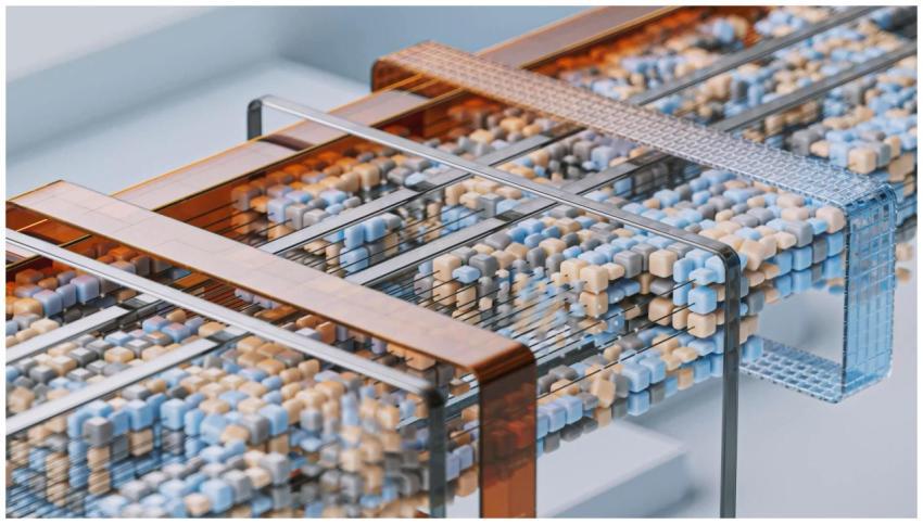 Dynamic 3D render of abstract geometric data paths