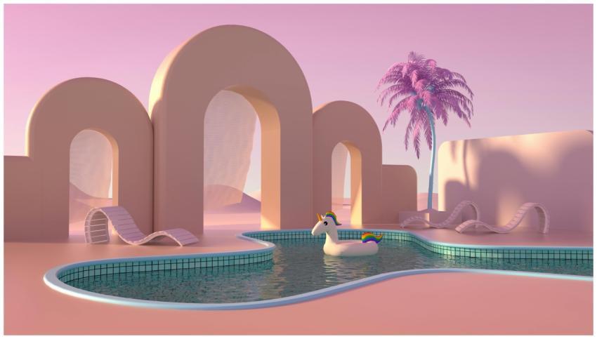 Futuristic and surreal outdoor oasis featuring arc