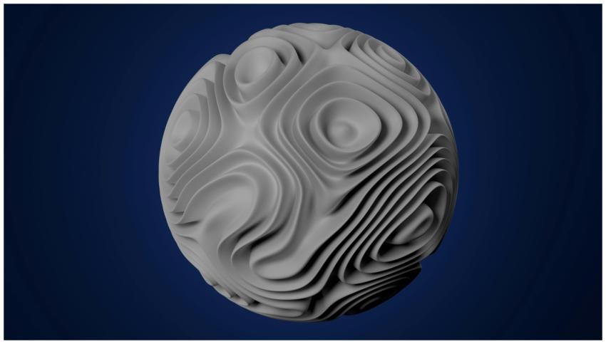 A 3D gray spherical object with wavy texture, isol
