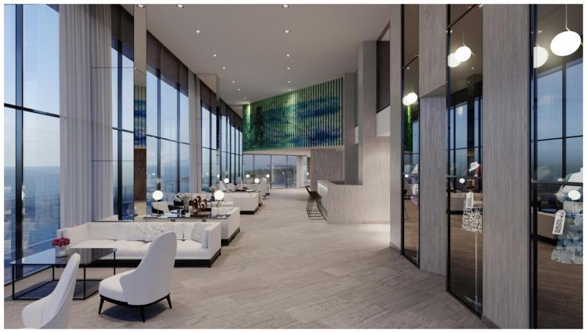 Modern hotel lobby in Bodrum with panoramic sea vi