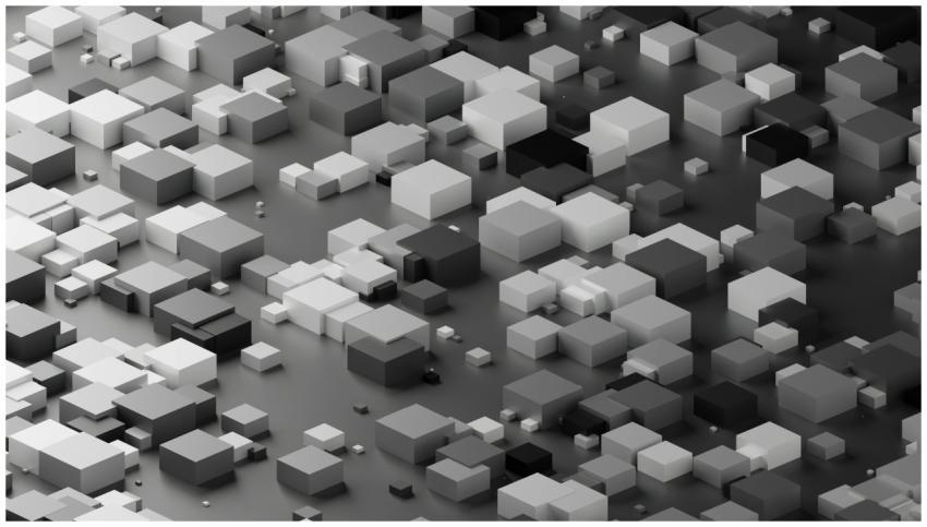 Grayscale abstract image featuring geometric cubes