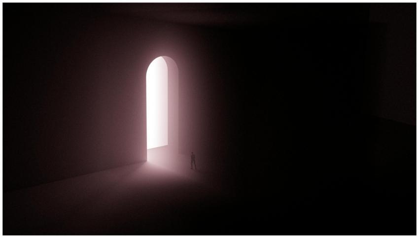 A surreal scene with a lone silhouette in front of