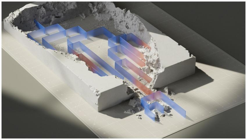 A conceptual 3D artwork featuring geometric patter