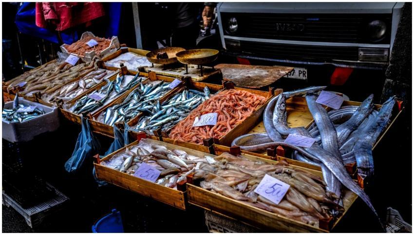 Colorful seafood display at an outdoor market feat
