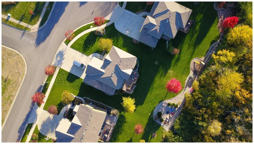 A picturesque aerial view showcasing suburban home