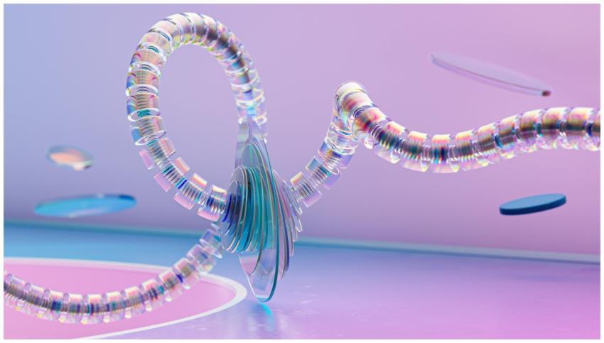 Colorful 3D render depicting a glass spiral struct