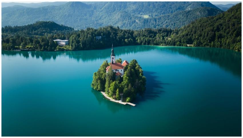 A breathtaking aerial view of Bled Island and its