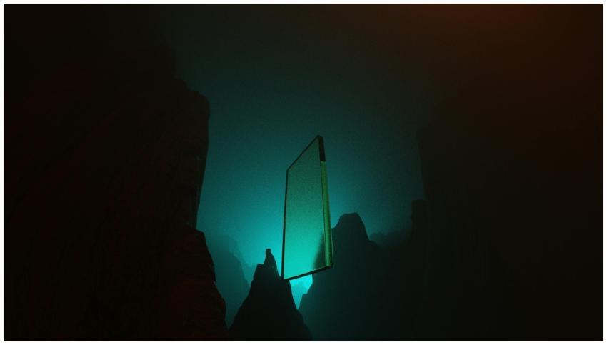 A surreal scene of a floating glass panel illumina